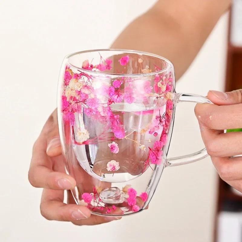 Creative  Flower Pattern Double Wall Glass Cup Clear Heat Resistant High Borosilicate Glass Coffee Mugs  Hot Cold Beer Mug Gift