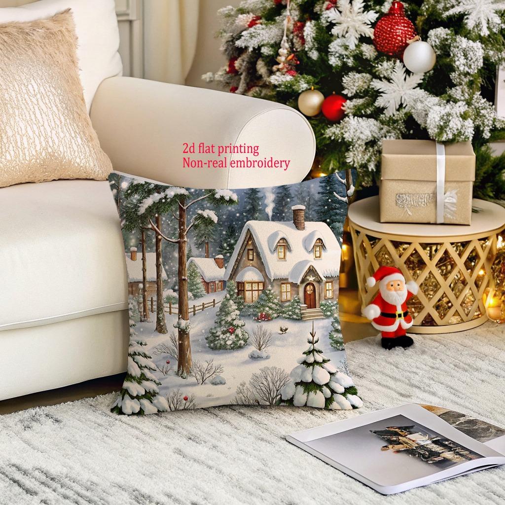 Christmas Snowy Village Pillowcase: 2D Flat Printed For Festive Charm! Sofa Cushion Cover, New Year Home Decoration