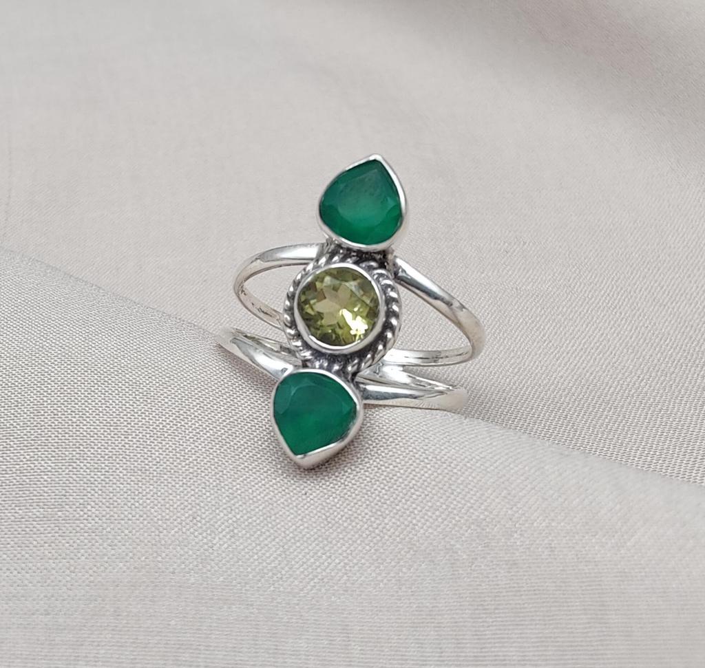Green Onyx & Lemon Quartz Sterling Silver Ring: Boho Statement Jewelry