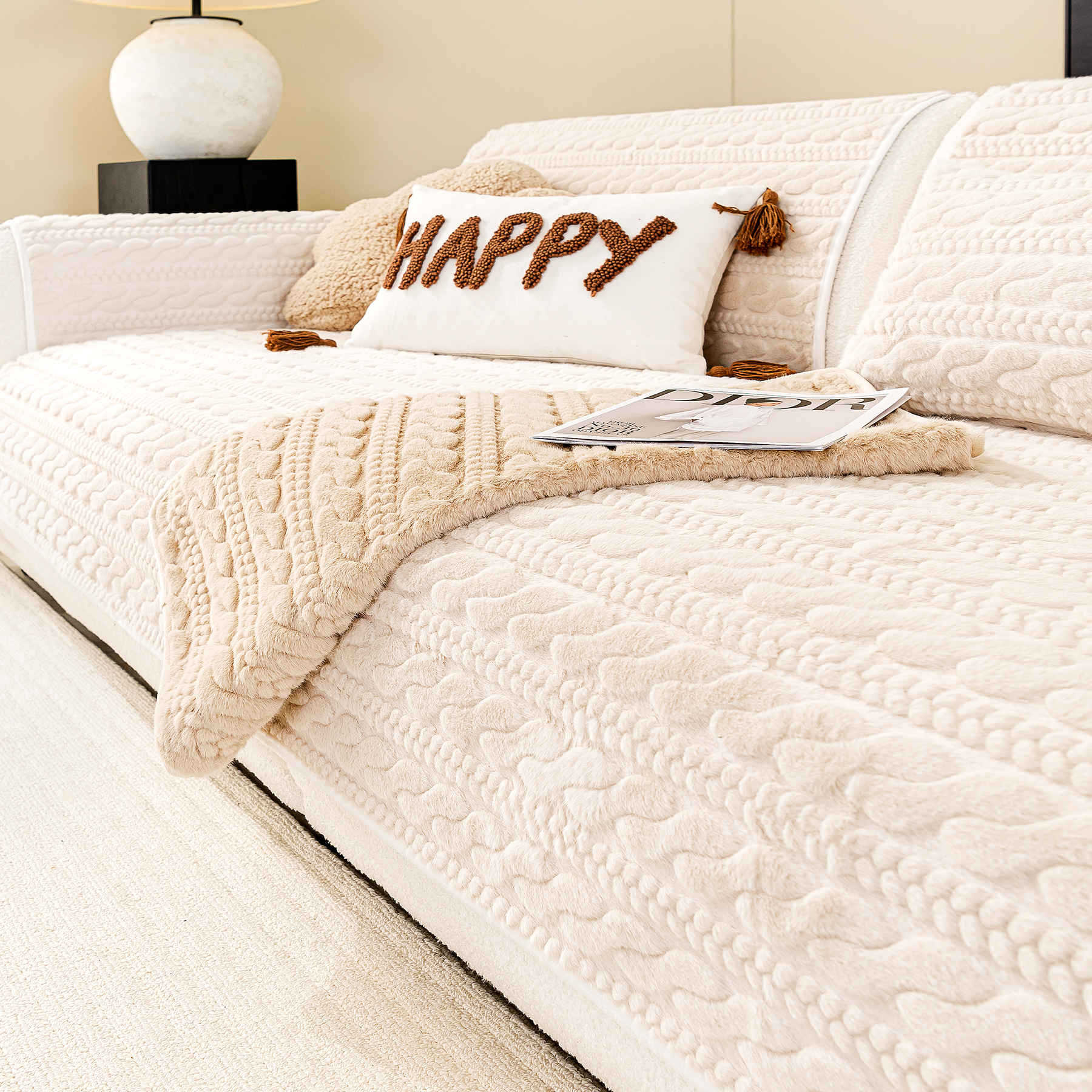

Light Luxury Simple Sofa Cushion Cover Autumn And Winter Plush Non-Slip Cream Wind Solid Color Sofa Cushion Towel Cover Cloth Blanket 70*70cm