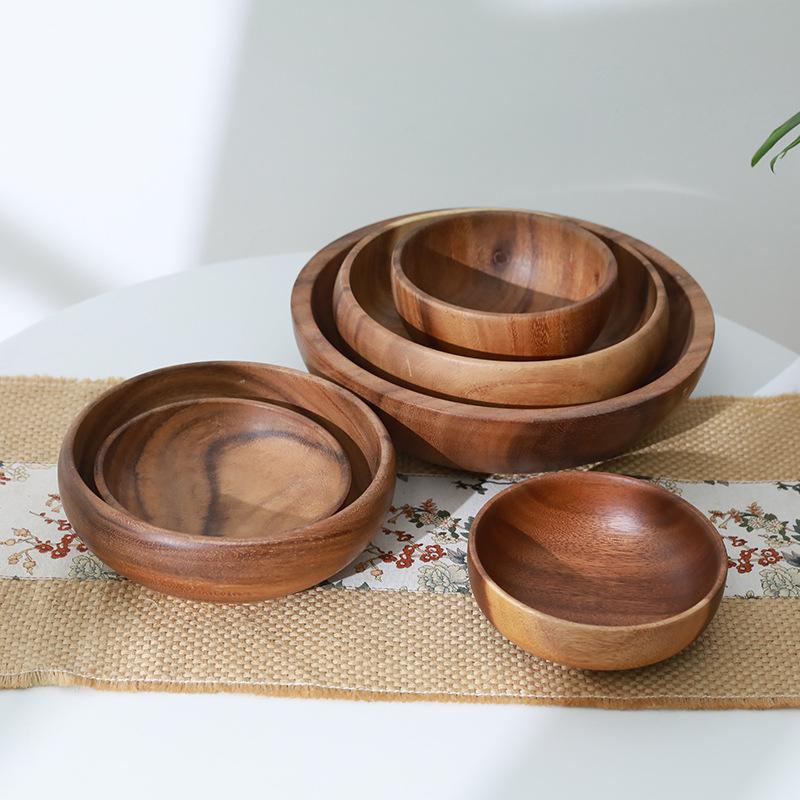 Fine Natural Hand-Made Wooden Salad Bowl Classic Round Acacia Wood Salad Dining Bowl Plates Premium Wood Kitchen Utensils