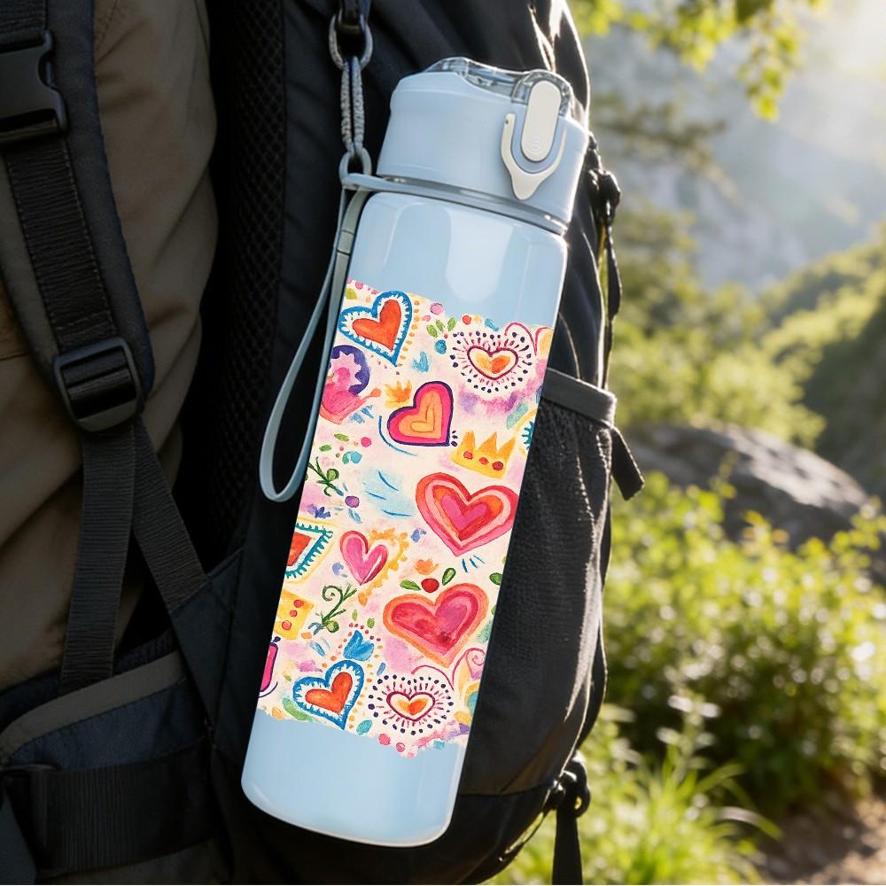 1PC Heart Love Seamless Pattern Print 750ml Color Plastic Sports Water Bottle Leakproof Flip Straw Lid Suitable for Sports Office Home Use