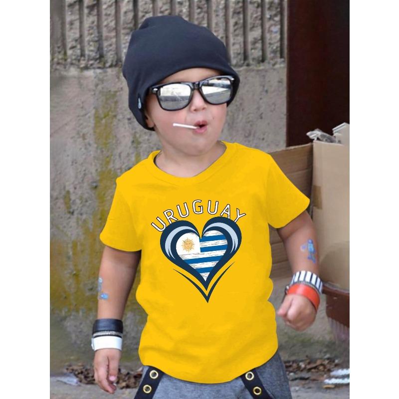 

European Size Boys Round Neck Short Sleeved T Shirt with Football Themed Heart Pattern Print 164cm жовтий