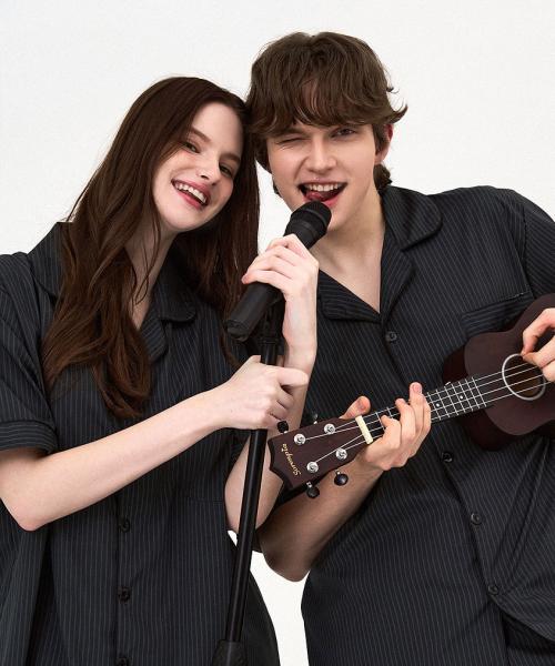 

[Dossy] Silk-Fit Modern Short-Sleeve Long-Pant Couple Pajama Set [Shipped from Korea] 100% Authentic M