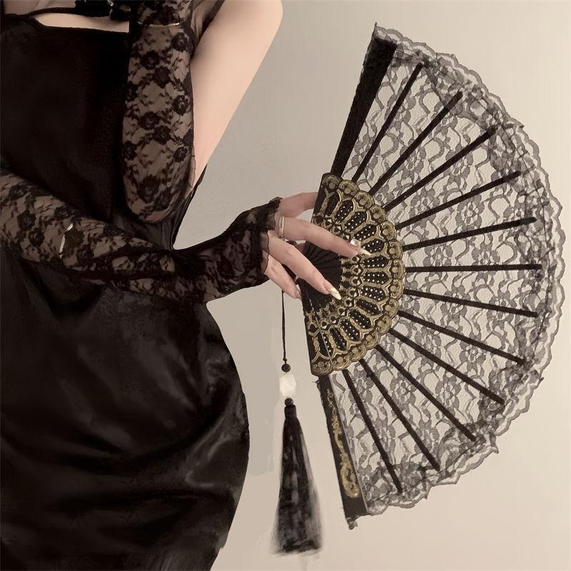 New Chinese Retro Black Lace Folding Fan Jk Lolita Hanfu Cheongsam Fan Fringed Ancient Style Photo Prop Female