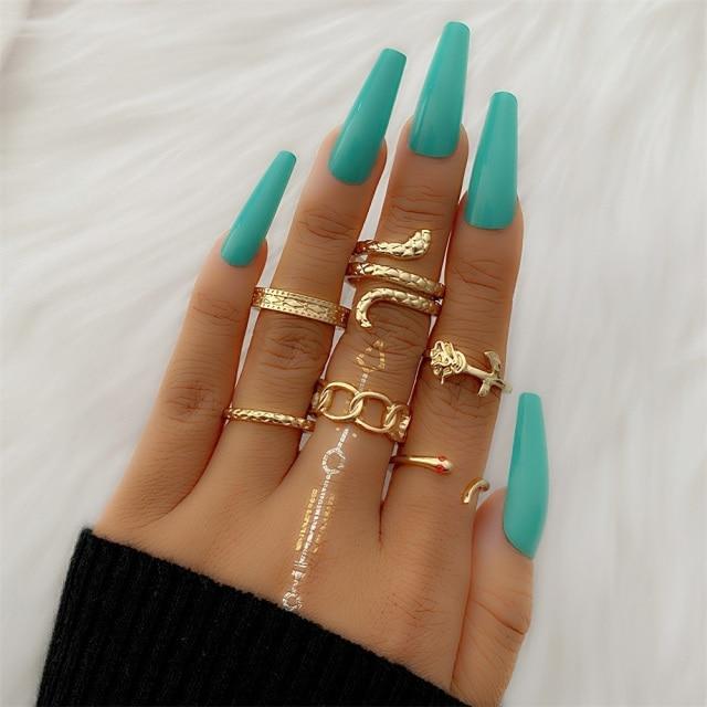 Sada prstenů s českým zlatým řetízkem pro ženy Fashion Boho Coin Snake Moon Rings Dárkové šperky Party Trend