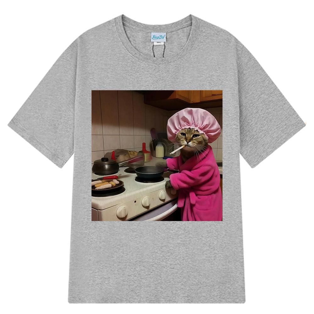 Fun Housewife Cat Meme Tshirt Retro Top for Men and Women Fashionable Harajuku Summer Print 100 Pure Cotton Tshirt