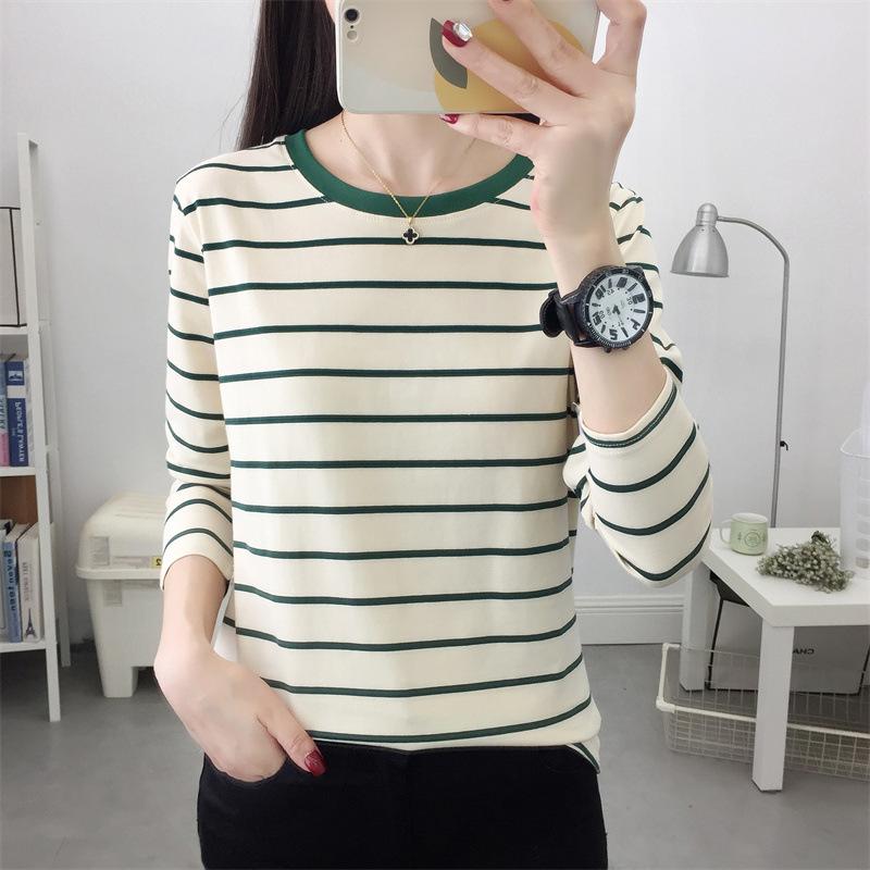 Plus Size Women's Loose Long Sleeve T-Shirt Autumn Cotton Striped Base Shirt Top
