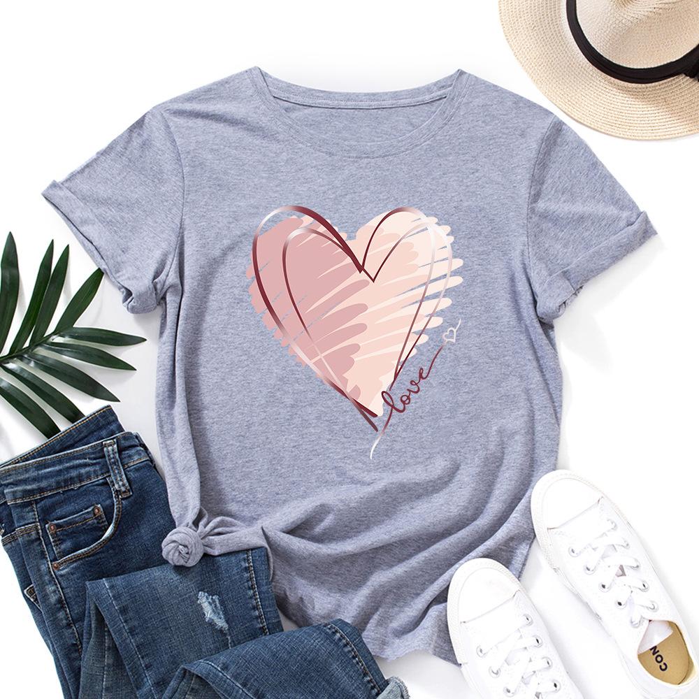 Módní bavlněné tričko s potiskem srdce, krátký rukáv, kulatý výstřih, dámské topy s 2D potiskem