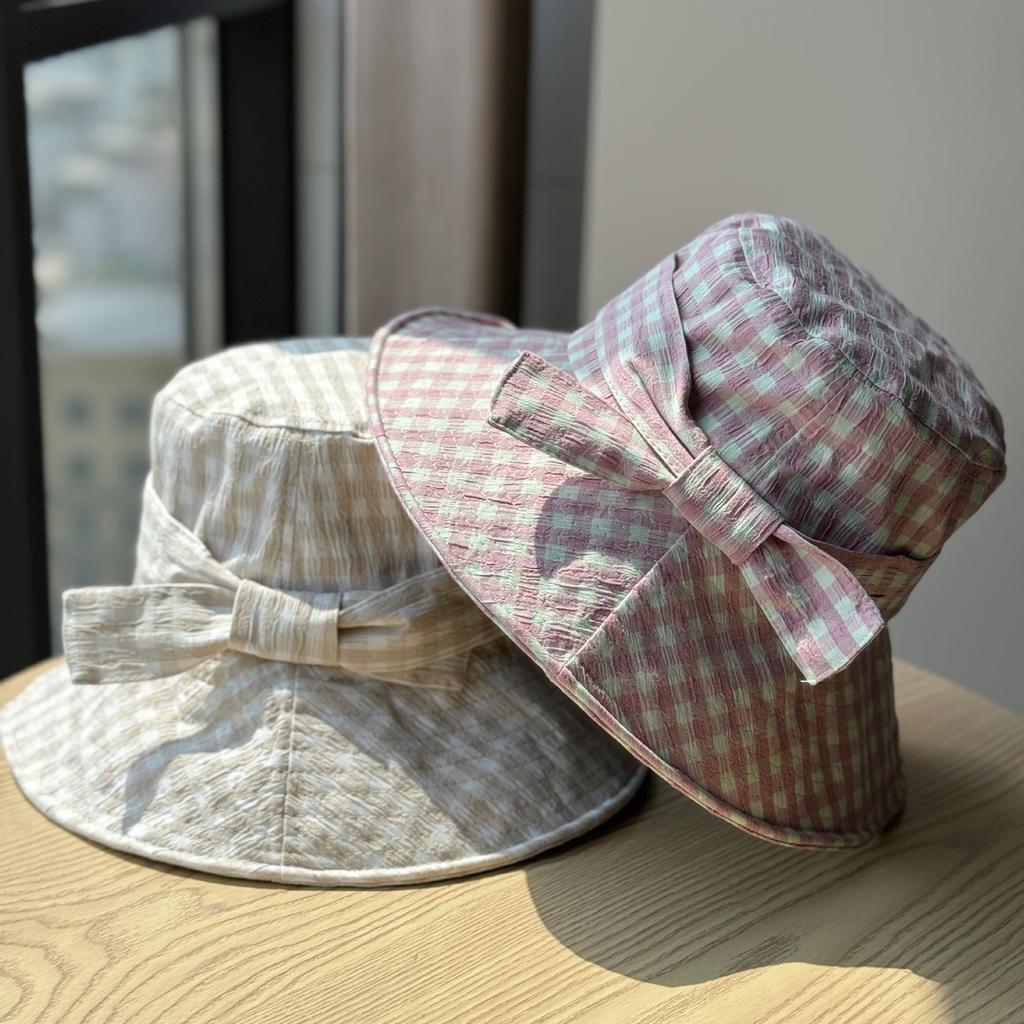 New Korean-style plaid fisherman hat for women, spring and summer, large brim, makes the face look smaller, floral pattern, sun protection hat