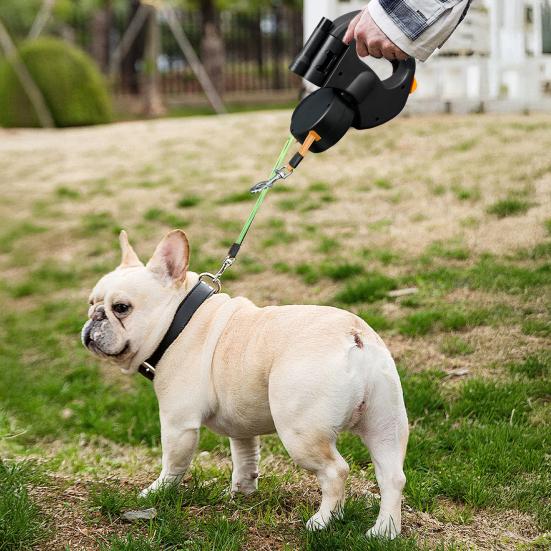 Dual Retractable Dog Leash Double Headed 16ft Extendable Lead with Poop Bag Dispenser And LED Light for 2 Small Dogs Up To 5kg