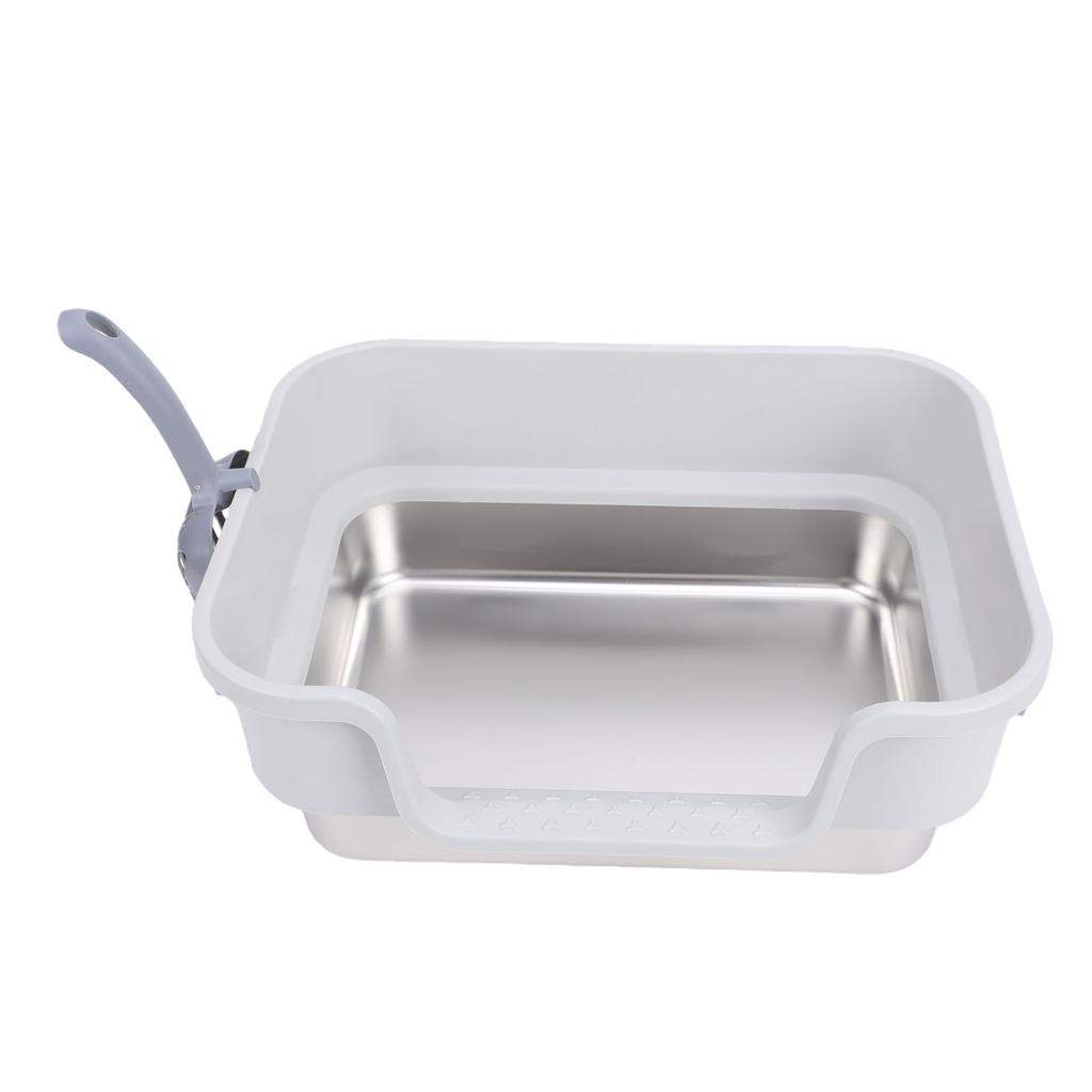 Stainless Steel Cat Litter Box Low Side Entry Litter Box High Side Spill Proof Cat Litter Box for Home Light Grey