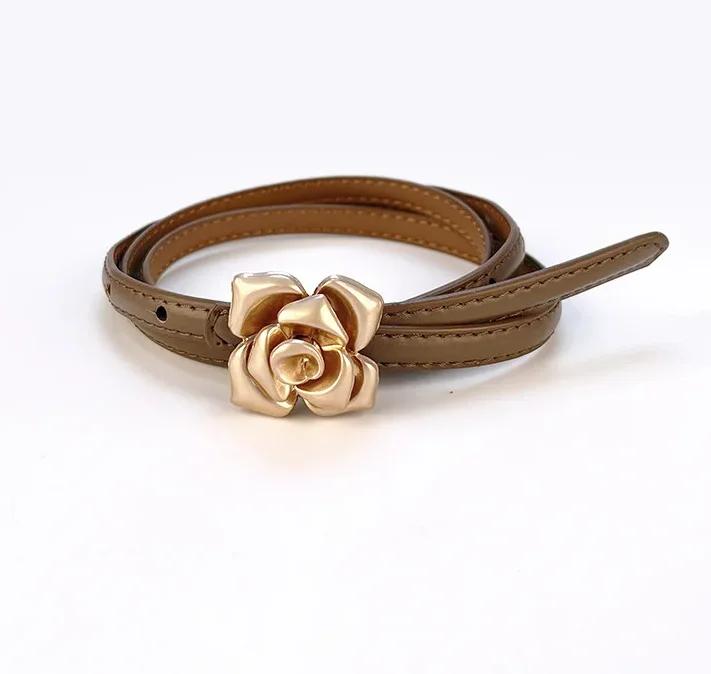 1.0cm New Unique Rose Genuine Leather Gold Belt Women Fashion Cowskin Flower Thin Belts Female Jeans Dress Waistband