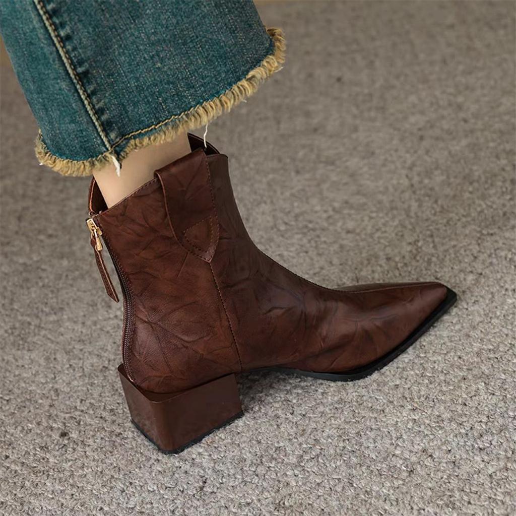 Fashion Versatile Pointed Temperament Coarse Heel Women's Short Boots 2025 Autumn and Winter New British Martin Boots Children