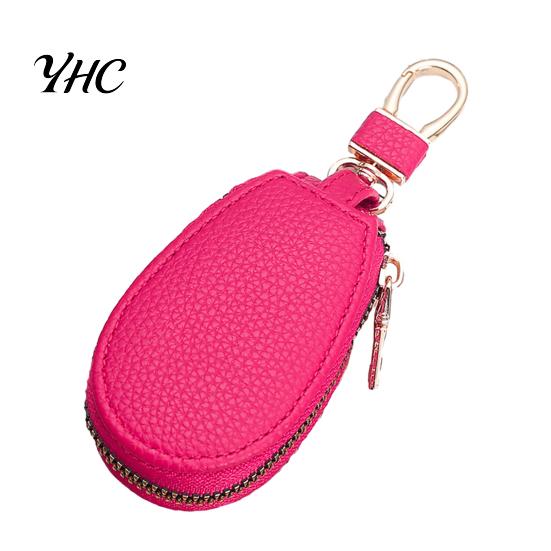 Car Key Holder Faux Leather Case with Hanging Buckle Keyring Chain Portable Fob Remote Zipper Bag Protector Pouch Wallet Cover