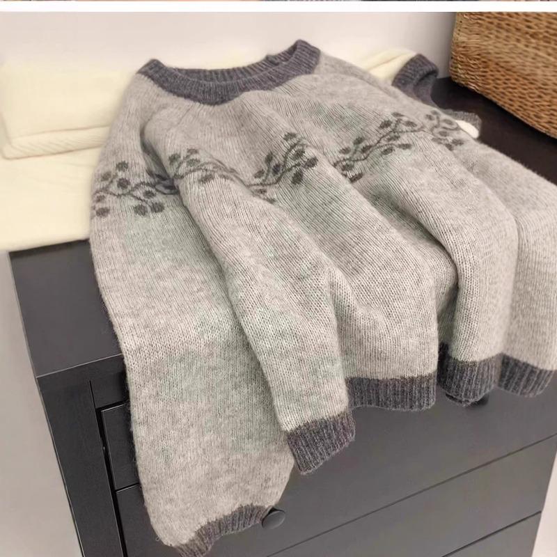 New Grade Lazy Style Retro Color Matching Soft Waxy Sweater Women's Autumn and Winter Pullover Knitted Sweater Crew Neck Top