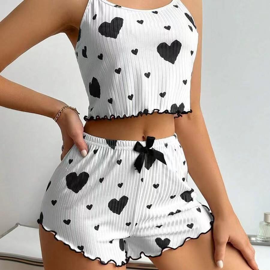 Pigiama da donna, set da notte, 2 pezzi, canottiera corta e pantaloncini, bianco, traspirante, morbido, casual, stampa Love S nero