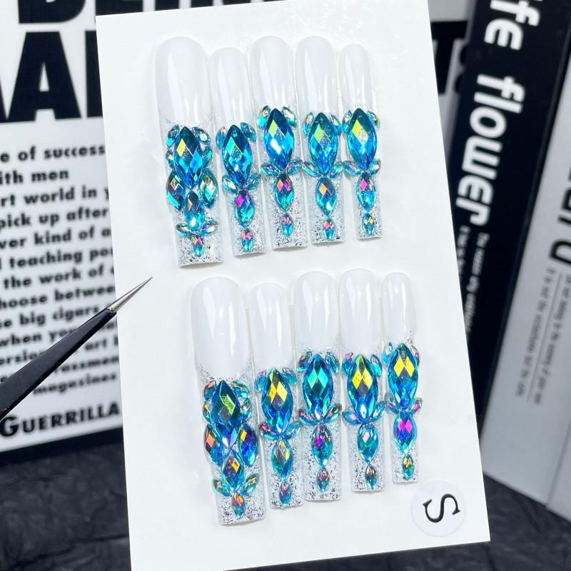 Handmade Full Rhinestone Press-On Nails Long Water Pipe Style French Design Sparkly Starry Sky Women Small