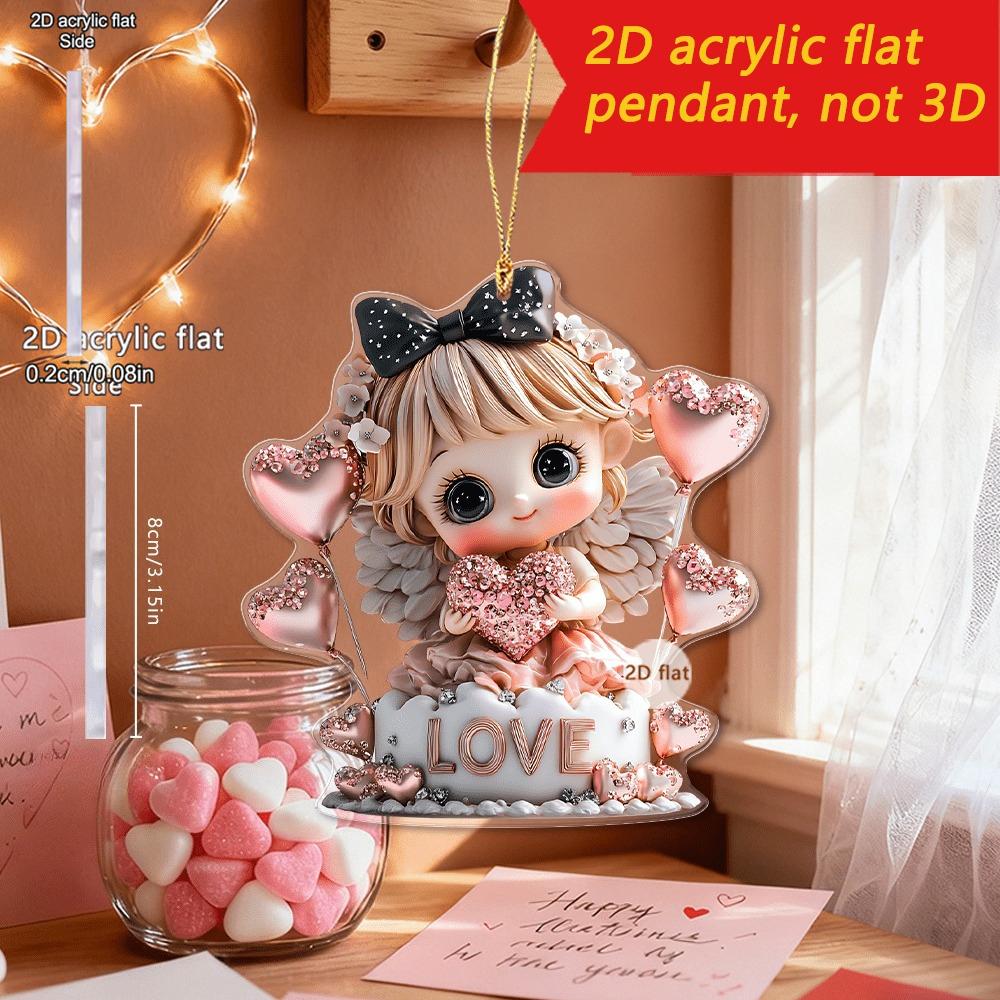 1 szt. Wisiorek Aniołek Serce, w romantycznym płaskim designie z serduszkami, napisem LOVE i kokardkami, nadaje się jako ozdoba samochodowa, dopasowanie do plecaka dla par