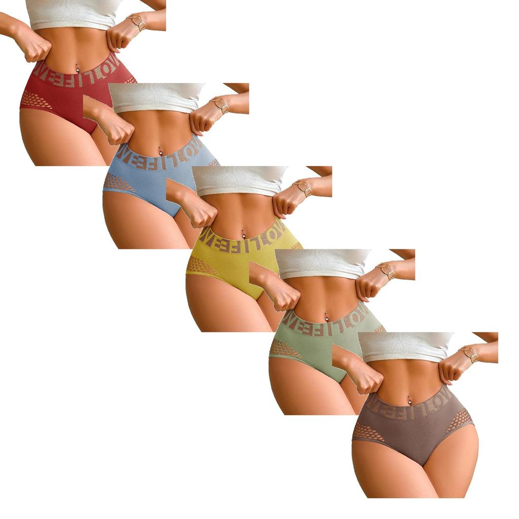 Women Seamless Mesh Hollow Out Letter Wide Waistband Sports Hip Lifting Underwear Five Pieces Set Comfortable Breathable Fabric