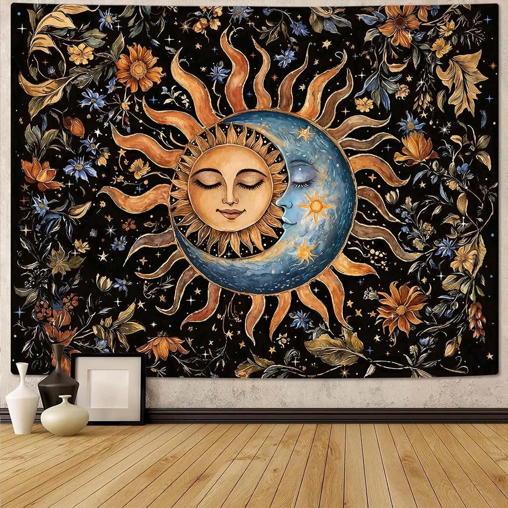Sun and Moon Wall Tapestry Celestial Boho Decor Floral Night Sky Pattern Astrology Theme Home Decoration Dreamy Cosmic Design