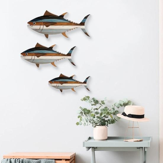 3 Pcs Wooden Fish Wall Art Nautical Coastal Theme Wall Decor Vintage Beach Wall Sculpture Lake House Hanging Ocean Ornament for Bathroom Bedroom