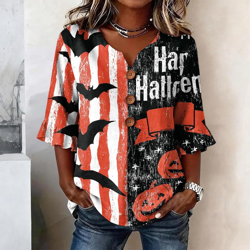 Women's Casual Loose Fit Halloween Print Lace Sleeve Blouse Top