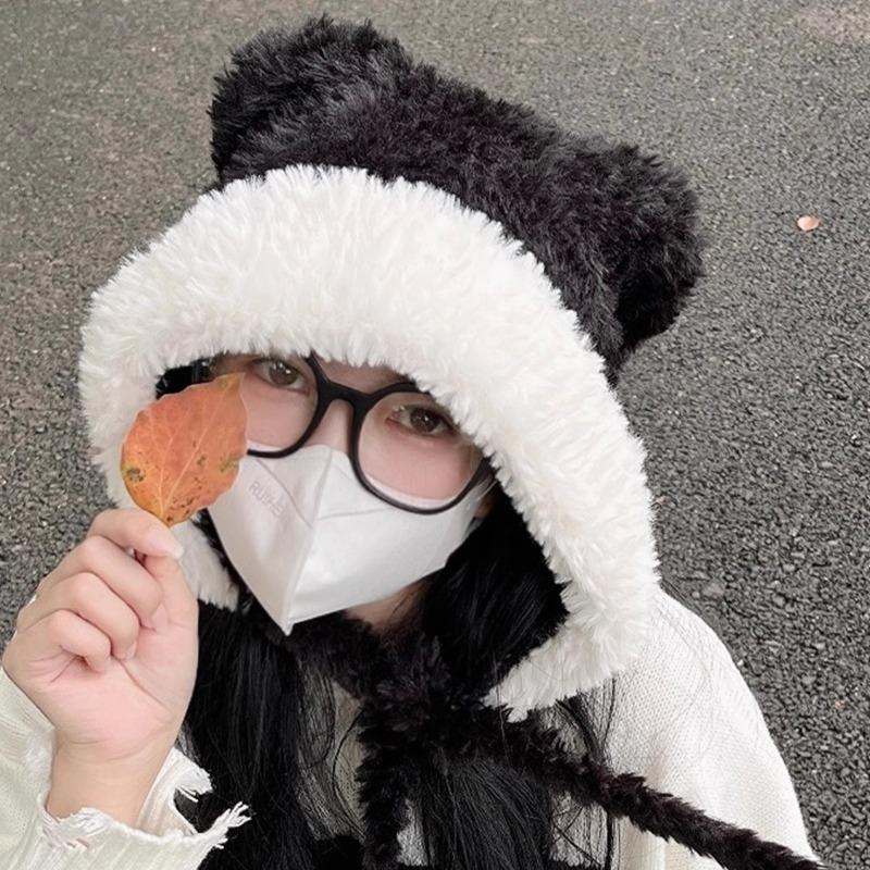 Contrast Color Bear Ear Hat Women's Winter Versatile Plush Hat Thickened Warm Cycling Tide