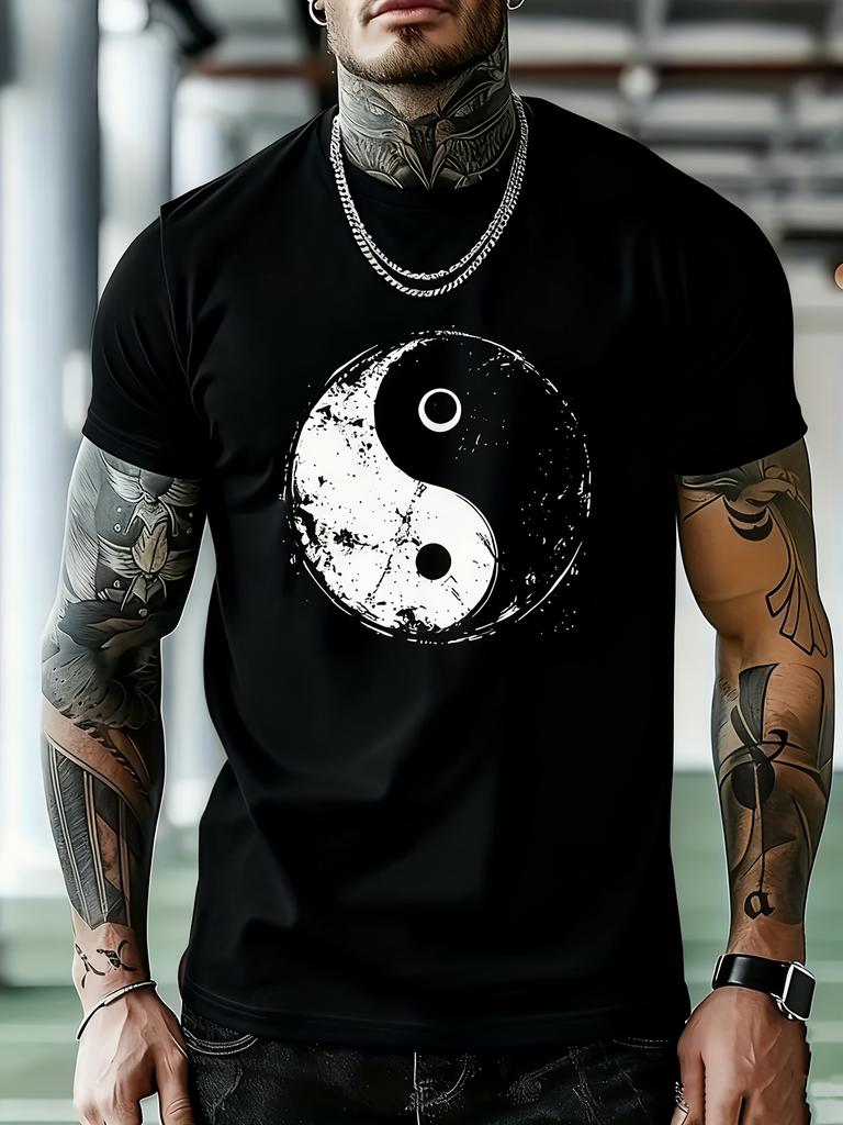 Herrtröja med Yin-yang-filosofimönster, 3D-printad, Tai Chi Bagua, kortärmad topp, avslappnad och moderiktig, rundhalsad