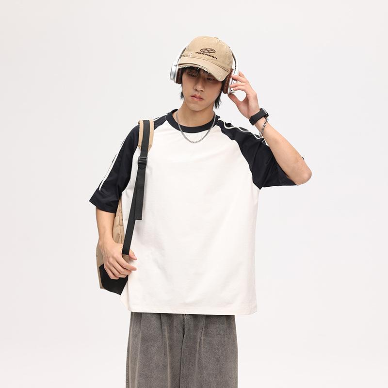 Contrast-Color Drop-Shoulder Crew-Neck Short-Sleeve T-Shirt American-Style Quick-Dry High-End Loose-Fit Casual Men's Top