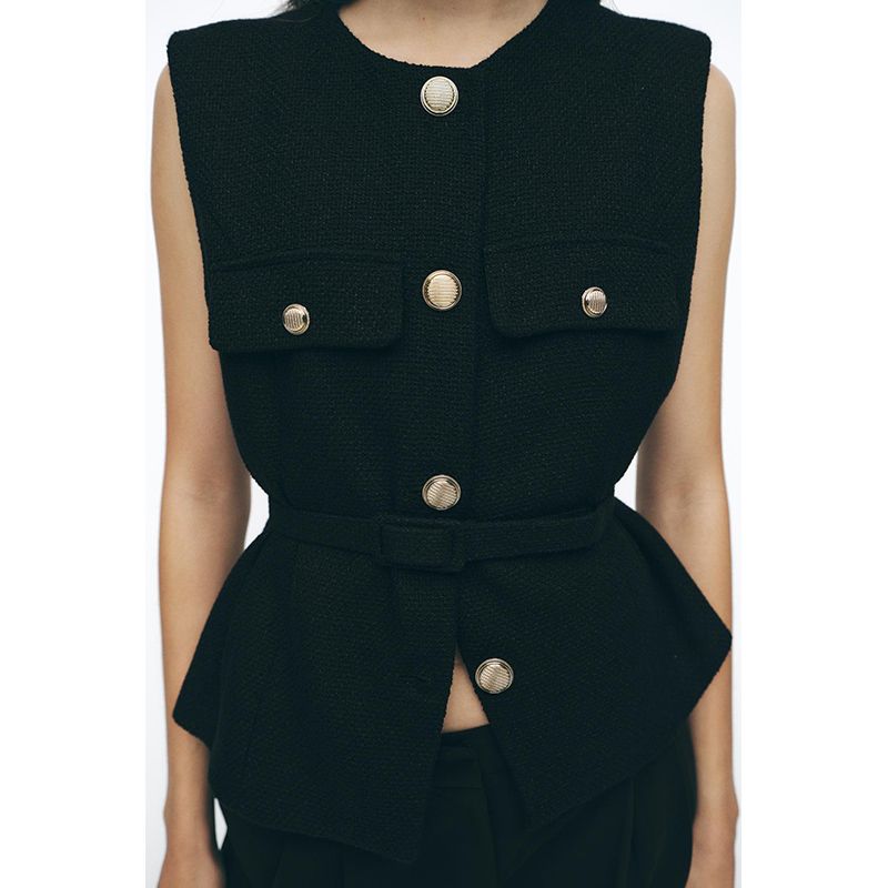 Spring New Women Clothes Simple Style Round Neck Metal Buckle With Belt Punk Texture Vest 2132904