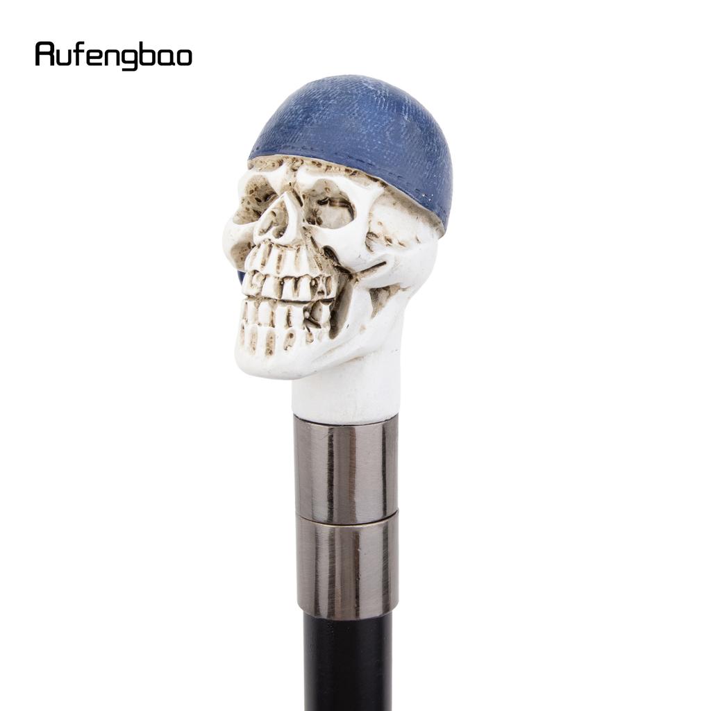 Blue Hat Resin White Skull Head Walking Cane Fashion Decorative Steel Stick Gentleman Elegant Cosplay Cane Knob Crosier 94cm