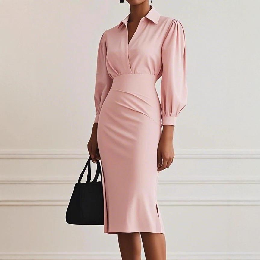 2025 Podzim Jaro Dámské Šaty košilového střihu s výstřihem do V, módní kancelářské dámské, jednobarevné, s dlouhým rukávem, obepínající boky, maxi šaty, černé, Vestidos dámské