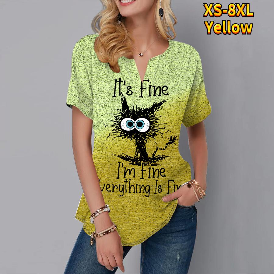 

Жіноча літня футболка з принтом «Смажений кіт» Футболки з короткими рукавами Повсякденні топи з маленьким V-подібним вирізом і короткими рукавами 6XL жовтий