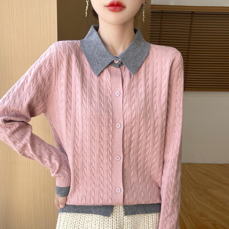 Autumn and winter new temperament gentle wind color matching lapel knitted sweater age-reducing thin bottoming shirt comfortable top women
