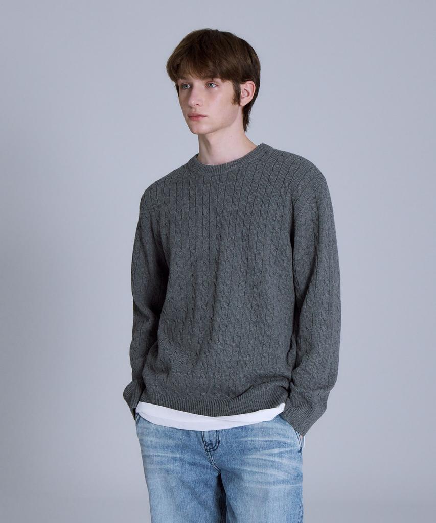 BASIC HOUSE Cable Round Neck Knit Melange Grey Lykt7101