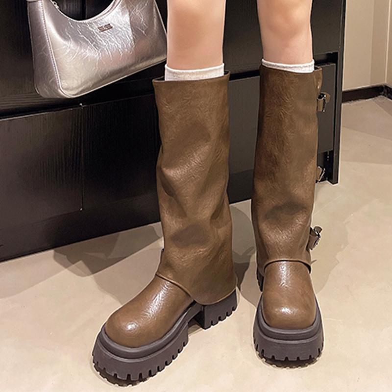 

2026 Designer Women s High Boots Flats Platform Fashion Dress Shoes Designer Winter Botas Casual Goth Motorcycle Boots De Mujer 35 хаки