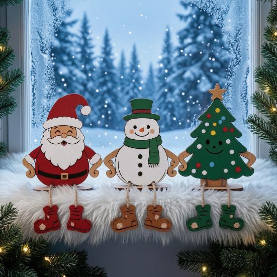 Cute Winter Window Ornaments 3Pcs 2D Wooden Christmas Hanging Ornaments, Cartoon Santa Snowman Tree Figurines Small Wood Holiday with Leg Design,