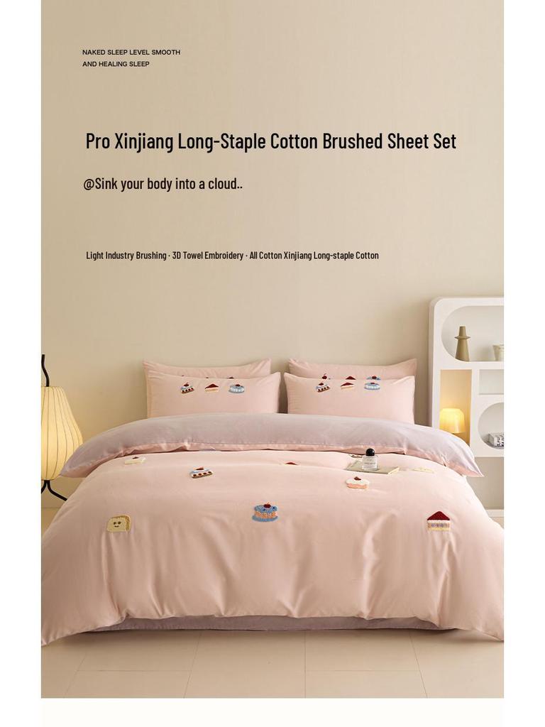 Girly Heart 100S Long-Staple Cotton Brushed 4-Piece Bedding Set with Cute Towel Embroidery Duvet Cover and Bed Sheet