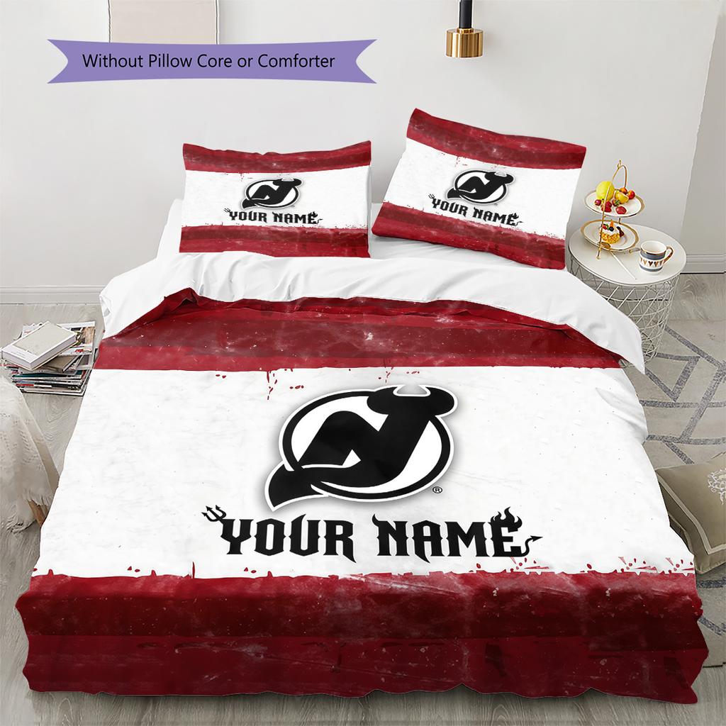 Custom Name New Jersey Devils Pattern Bedding Quilt Set Home Decoration Gift (1 * duvet cover + 2 * pillowcase without core)