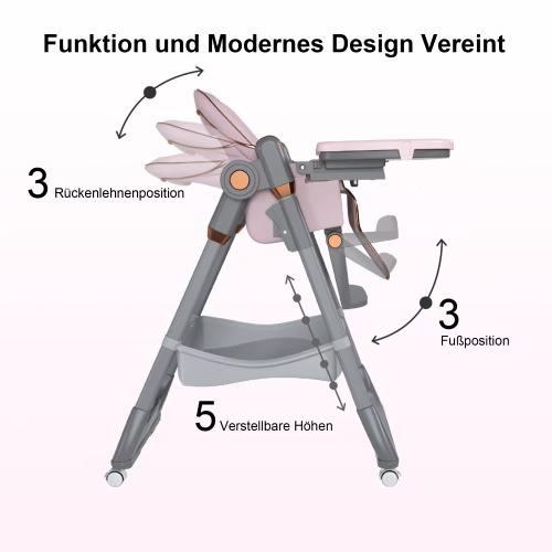 Adjustable Kids High Chair 0-6 Years, Portable Dining Chair with Safety Harness, Lockable Wheels, Easy Cleaning for Home, Pink