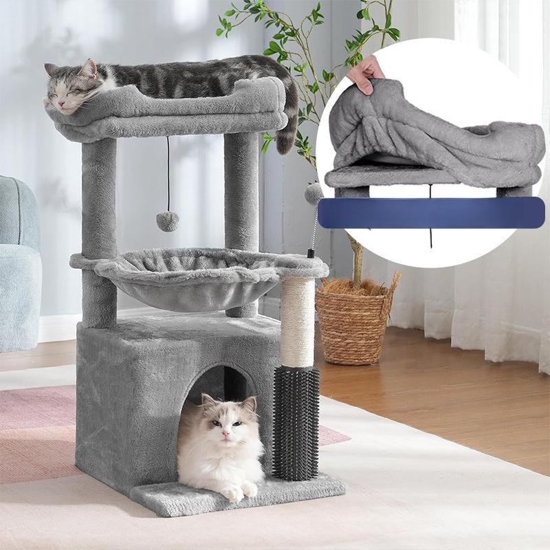 Holz Katzenbaum All-in-One Katzenhaus & Klettergerüst für Große Katzen Sisal Kratzbaum mit Sprungplattform