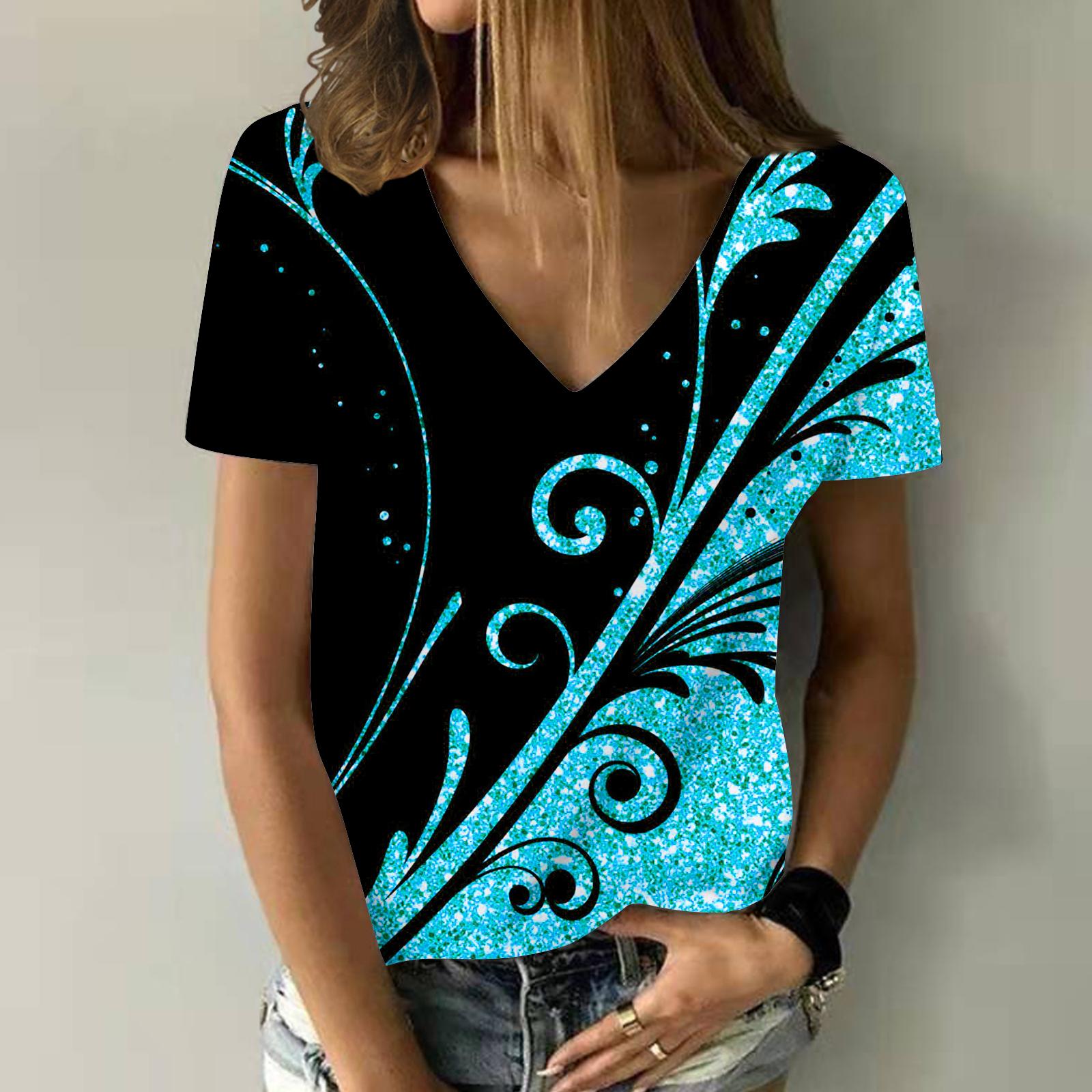 

Футболки с абстрактным цветочным принтом 3D, женская мода, барокко, цветочные, свободного покроя, с V-образным вырезом, женская уличная одежда, женские футболки, топы 5XL