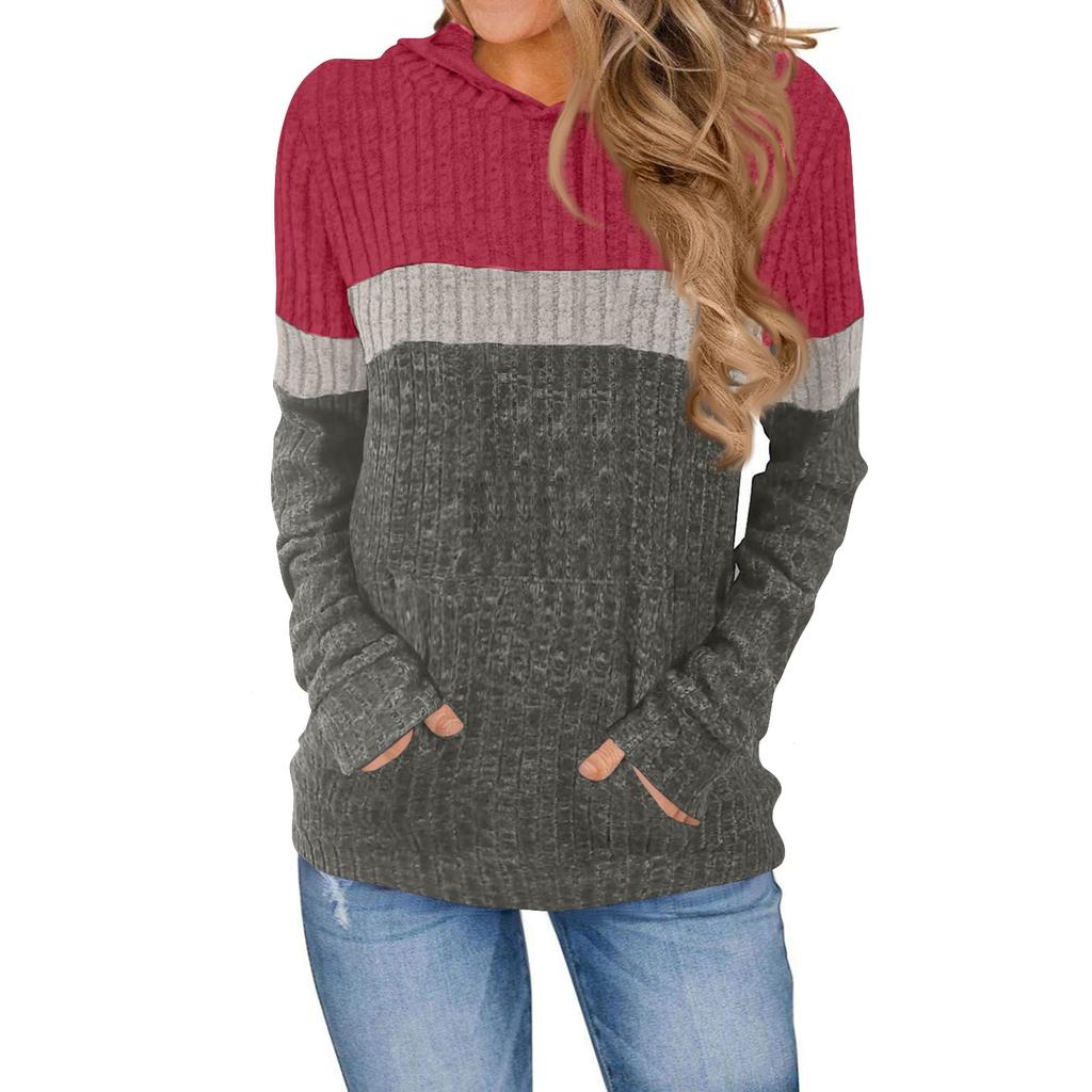 Women's Fashionable Casual Color Blocked Hooded Pocket Loose Long Sleeved Pullover Top