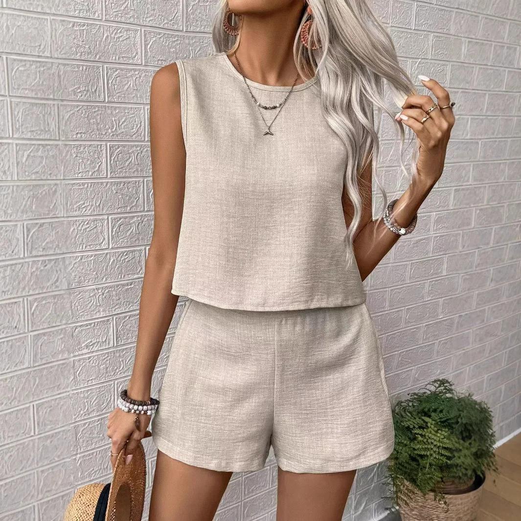 

Модная однотонная женская одежда без рукавов жилет шорты костюм из двух частей повседневный стиль трансграничная торговля M хаки