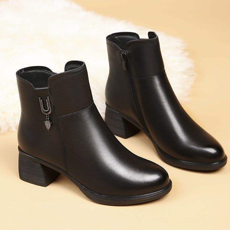 Frühling, Herbst und Winter 2025 neue Kurzstiefel mit dickem Absatz, Damen-High-Heel-Martin-Stiefel mit seitlichem Reißverschluss, vielseitige Damenstiefel, Samt-Baumwollstiefel