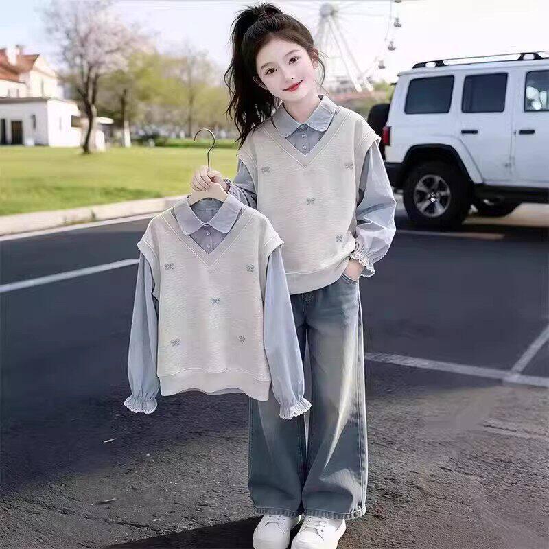 Girls  Faux Two-Piece Hoodie – Stylish Spring/Autumn Shirt Collar Top 150cm серый
