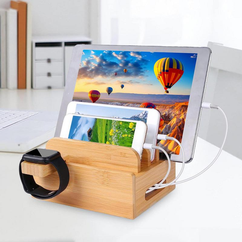 Bamboo Charging Station Organizer for Multiple Devices & Wood Desktop Docking Charging Stand Such As Cell Phone Tablets