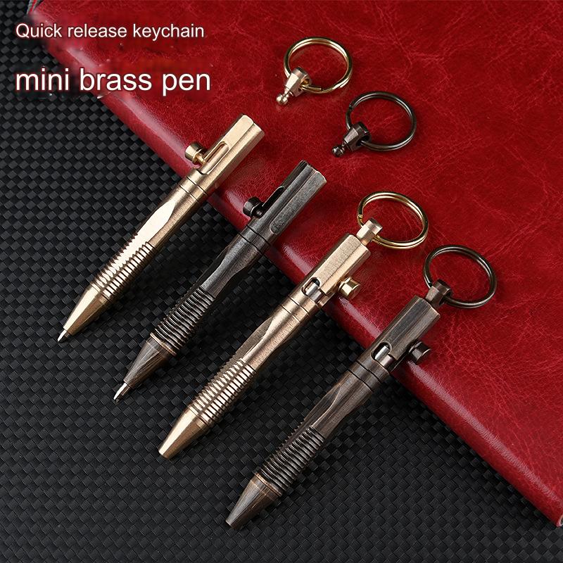 Mini Brass Pen Outdoors Portable Writing Tools Cylindrical Bolt Ballpoint Pen Key Pendant Business Signature Stationery Pen EDC