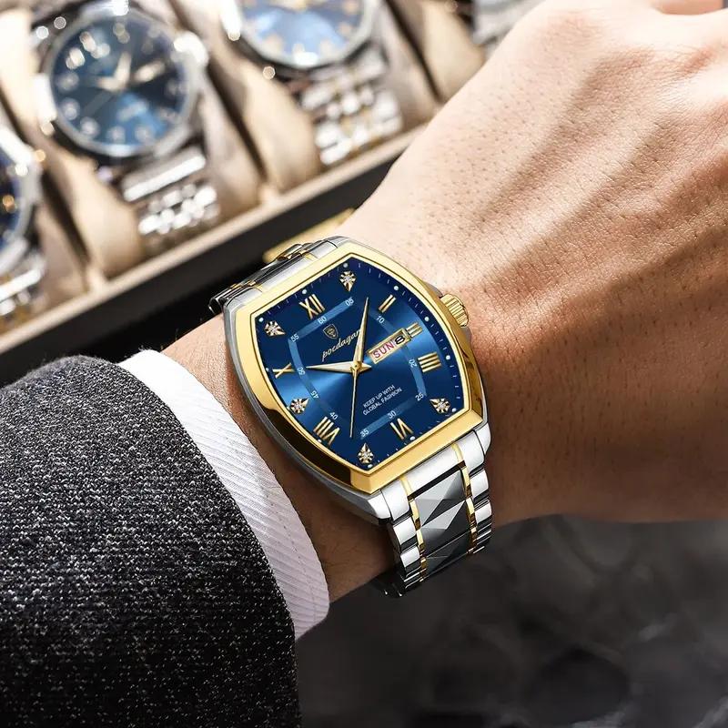 POEDAGAR Stainless Steel Watch Men Luxury Brand Business Luminous Waterproof Male Clock Tonneau Case Calendar Men Quartz Wristwatches